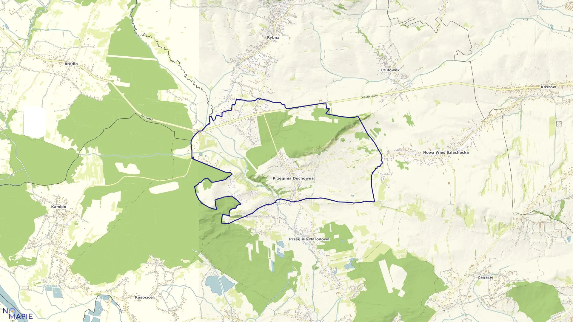 Mapa obrębu Przeginia Duchowna w gminie Czernichów